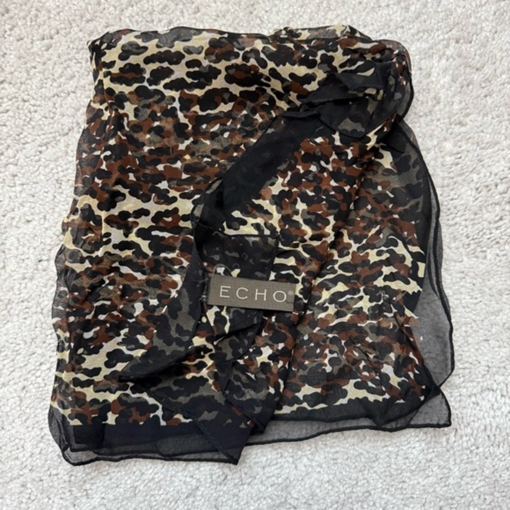 Echo Women's Silk Camo Print Scarf - Black, Brown, and Tan 21.5*21.5